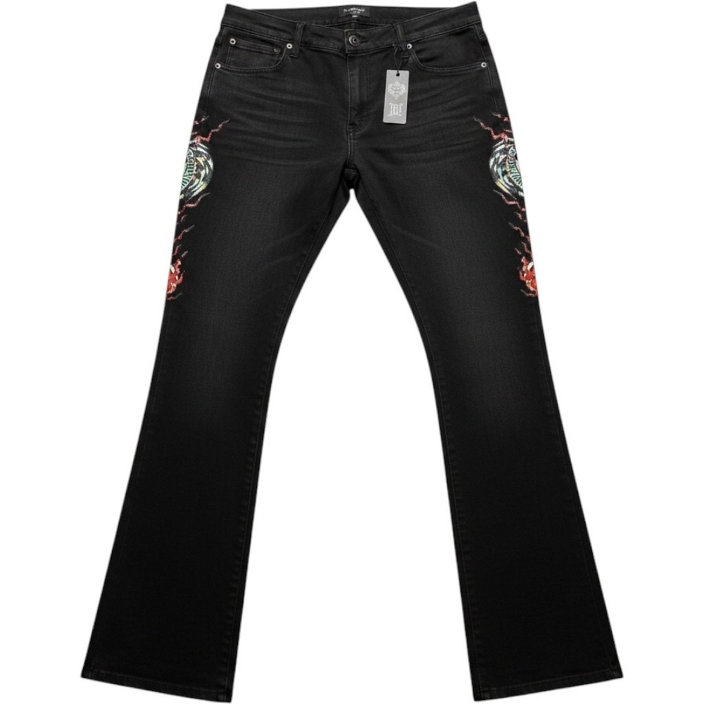 Ed Hardy Stacked Boot Jeans Mens 34 Black Wash Dragon Eagle Tattoo Graphic